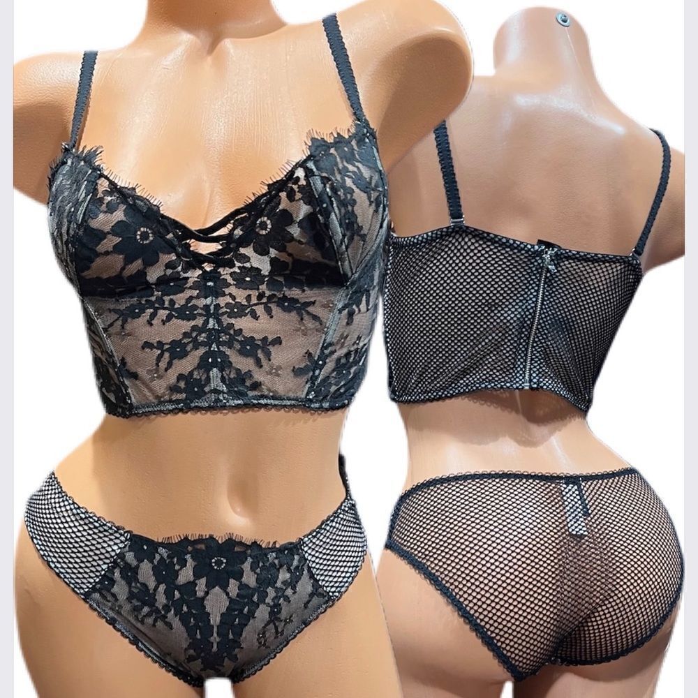 Victorias Secretset Dream Angels Floral Lace Mesh Bustier Bra & Cheekini Black